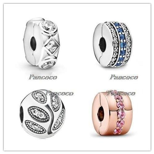 925 Sterling Silver Bead Charm Pave Clear & Blue Crystal Line Clip Charm Fit Pandora Women Bracelet & Necklace Jewelry