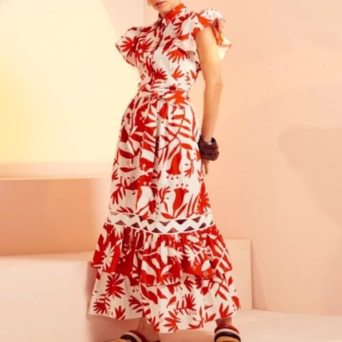 2021 Summer Designer Fashion Ruffiless Dress Women Flower Printed Elegant Holiday Party Dresses