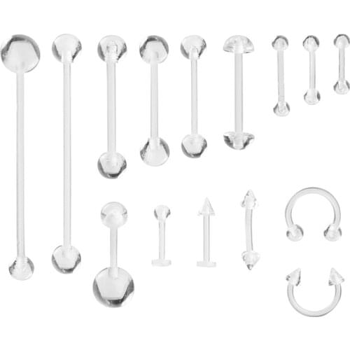 15pcs 14G 16G Piercing Pack Clear Flexible Bioplast Retainer Navel Belly Ring Eyebrow Tongue Nipple Barbell Nose Lip Labret Stud