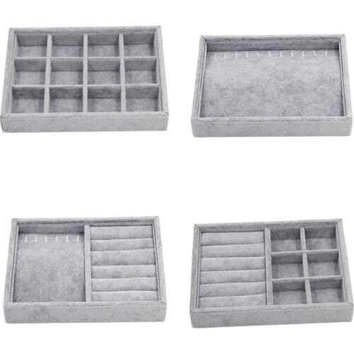 4x Mixed Gray Velvet Stackable Jewelry Display Tray Case Box For Storage