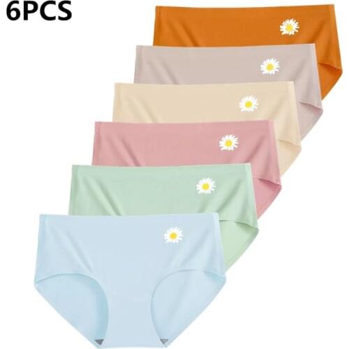 6Pcs Women Seamless Panties Womens Solid Silk Mid waist Print Panties Female Underwear Lady Briefs Woman Knickers Underpant