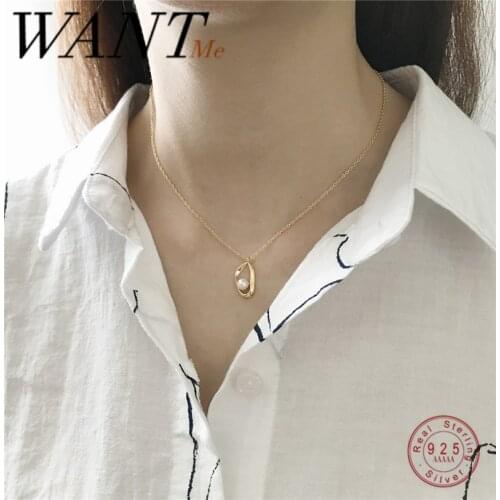 WANTME Real 925 Sterling Silver Geometric Hollow Freshwater Pearl Chain Short Choker Necklace for Women Fashion Chic Jewelry