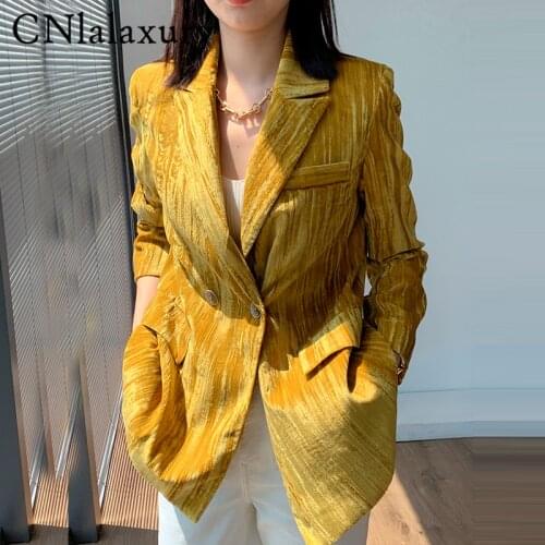CNlalaxury Women Fashion Yellow Velvet Blazers Jackets Spring Autumn Office Lady Work Blazer Coat New High Quality Outwear Tops
