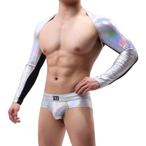 Men Shoulder Tops Briefs Sets PU Leather Sexy Crop Top Long Sleeve Harness Bodybuilding Stage Costume Underwear Gay Exotic Suits