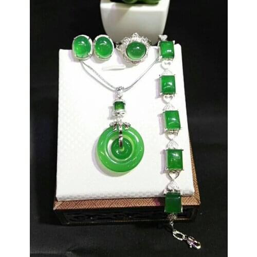 Boutique jewelry Natural yellow green 925 silver jewelry wholesale Chalcedony ring earring necklace set