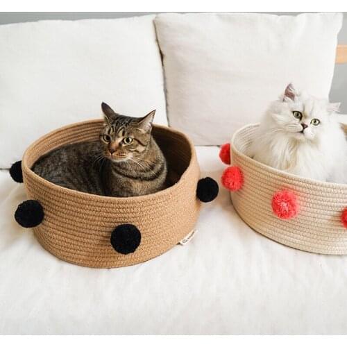 Cotton Round Cat Bed with Balls Pompom for Cats Puppy Kitten House Cozy, Foldable Portable Breathable Small Dogs