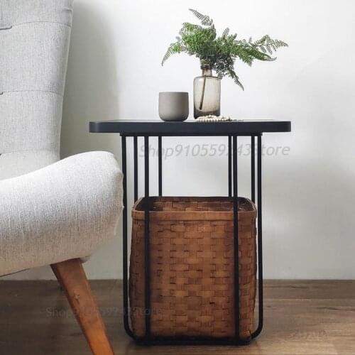 Small Apartment Wrought Iron Japanese Style Simple Wind Side Table Cork Bamboo Woven Storage Basket Side Table Mini Coffee Table