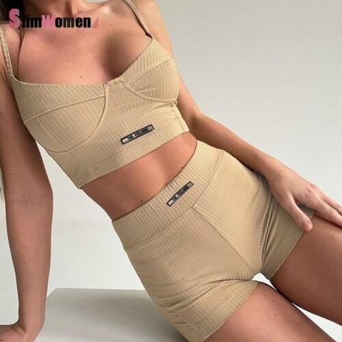 Summer Casual Women Two Piece Set Fitness Gym Tank Top Sportswear Sling Skinny Tank Crop Top Elastic Waist Shorts Tracksuit 2021