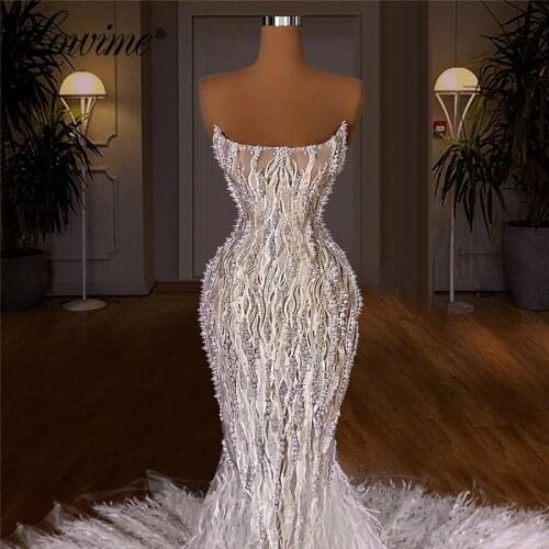 Lowime Dubai Party Dresses Strapless Beading Long Prom Dress Mermaid Custom Made Arabic Perals Formal Evening Wear Plus Size