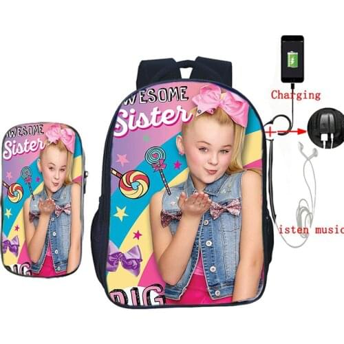 Cute Jojo Siwa 2 Pcs/set Backpack USB Charging School Bags for Teenage Girls Boys Daily Knapsack Kids Book Mochila
