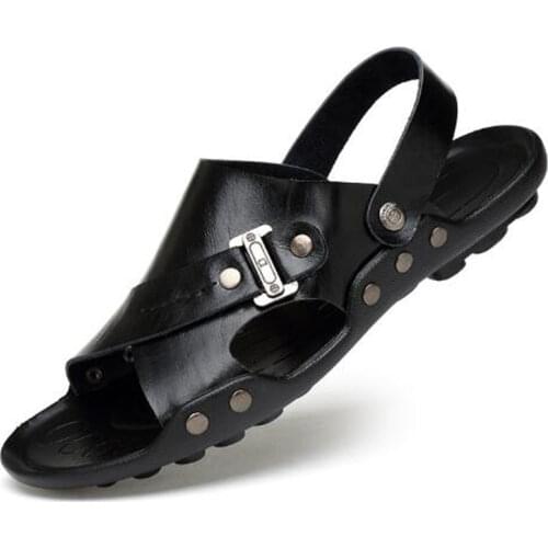 100% Cowhide leather beach shoes mens trend casual mens non-slip sandals mens sandals slippers Superstar Sneakers shoes H337