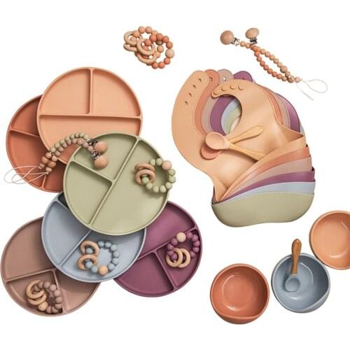 Baby feeding tableware set 6 pieces/set of food grade silicone bowl bib fork spoon three grid plate bracelet pacifierchai baby g