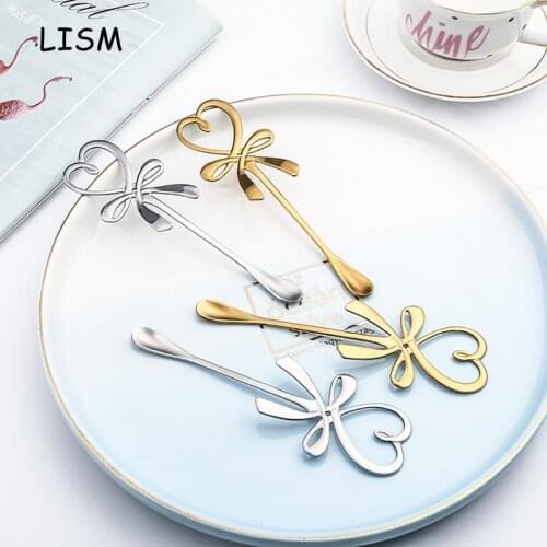 4PCS Hanging Tea Spoon Stainless Steel Cutlery Set Love Butterfly Bow Shape Dessert Spoon Gold Small Coffee Spoon Scoop Teaspoon