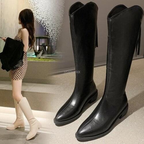 New Womens Shoes British Style Knight Boots Pointed Thick Heel Cowboy Boots Fashion Trend Womens Boots White Leather Boots