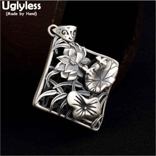Uglyless Real 990 Pure Silver Handmade Lotus Leaf Pendants for Women Ethnic Fine Jewelry Thai Silver Square Pendant Necklaces