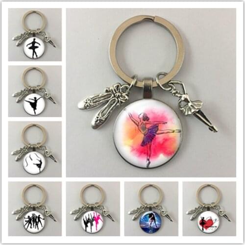 Pop ballet dancer silhouette keychain dancers favorite round glass pendant keychain accessory