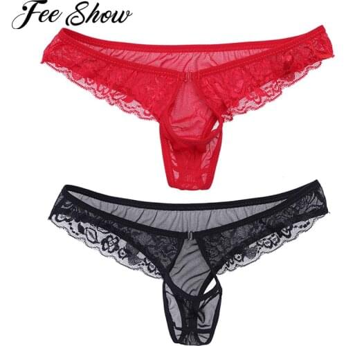 Sexy Mens Underwear Lingerie Lace Mesh Briefs Bikini Underwear with Penis Hole Mens Briefs Sissy Panties for Male Gay Underwear