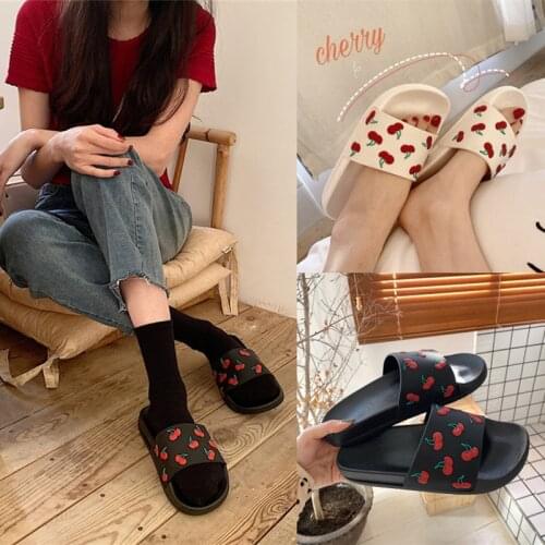 Summer Women Floor Flat Shoes Lovely Cherry Indoor Flip Flops Female Non-Slip Bathroom Home Slippers Female Beach Shoes TUX196