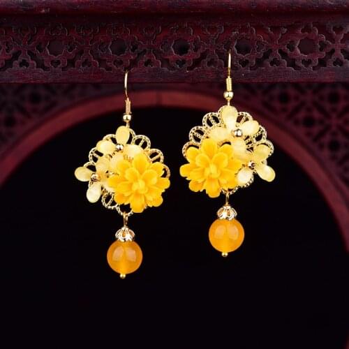 Temperamental Elegant Yellow Synthetic Flower Eardrop Refreshing Dignified Retro Earrings The Tang Dynasty Hanfu Accessories