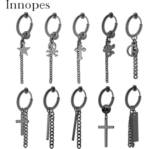 Innopes New Punk Stainless steel Clip Earrings Cross Star Tassel Pendant For Women Fashion Punk Hip hop Ear Jewelry Gifts