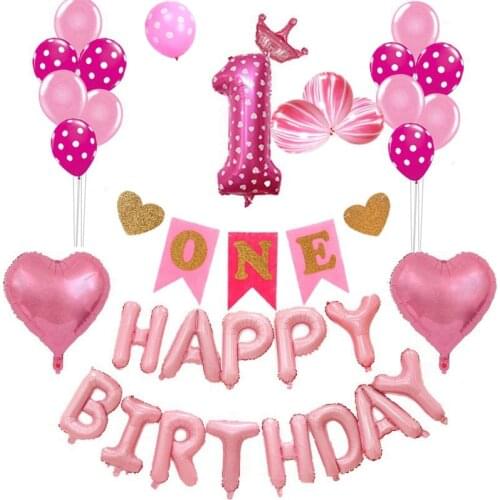 Girl 1st Happy Birthday Ballons Number 1 First Baloons Kids Baby Shower Birthday Anniversary Party Decor Balloons