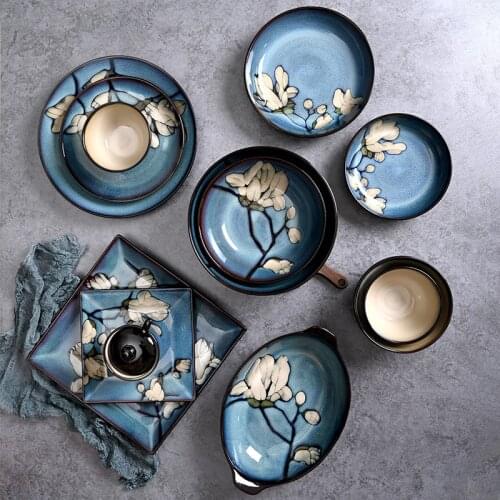 Japanese Ceramic Hand Painted Magnolia Tableware Set Household Round Dish Rice Bowl Fish Dish Noodle Bowl Big Soup Bowl