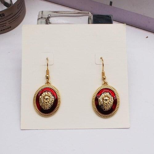 Lion Head Red drip Oval Earrings For Women European And American Punk Style Simple And Popular Exquisite Jewelry