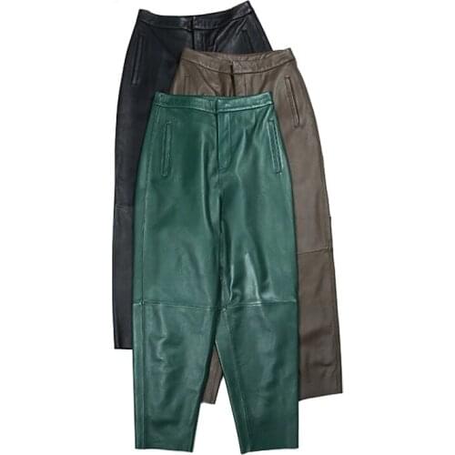 Stylish Winter New Women Genuine Leather Radish Harem Pants Female 100% Real Sheepskin Green/Grey Nine-Point Trousers Ropa Mujer