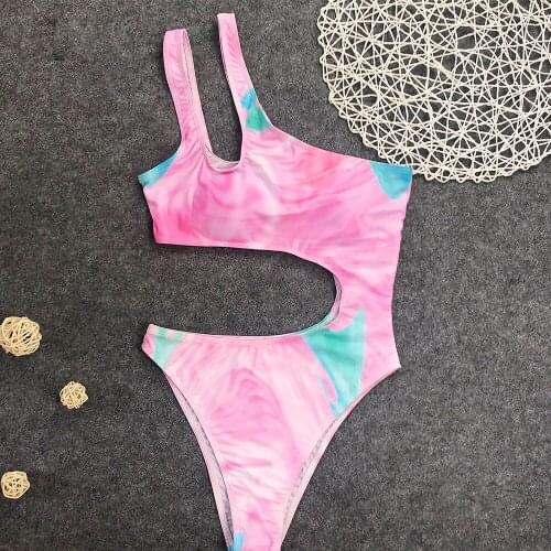 Wome Tie Dye Bikini Swimsuit Fashion Sexy One Shoulder Hollow Out Bathing Suit with Chest Pad Elegant Style Monokini