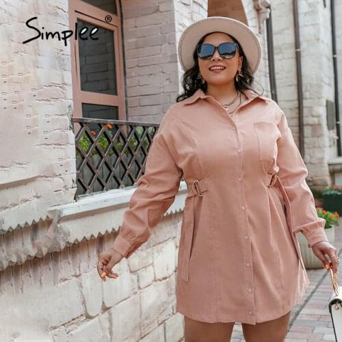 Simplee Plus size buttons long sleeves pink women dress Office loose solid pocket mini shirt dresses Female sash vestidos autumn