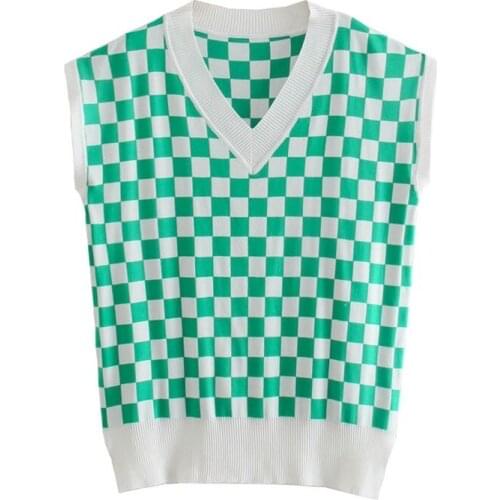 ZXQJ Women 2021 Fashion Side Split Check V-neck Knit Vest Retro Sleeveless Loose Sweater Vest Chic Tops