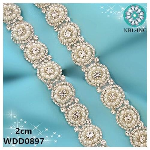 10 yards) Bridal sash beaded pearl crystal rhinestone appliques trim iron on for wedding dresses sash WDD0897