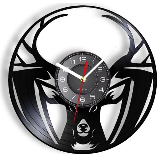 Wild Deer Head Buck Antler Vinyl Record Wall Clock Hunting Elk Wall Art Mancave Forest Animal Home Decor Clock Watch Hunter Gift