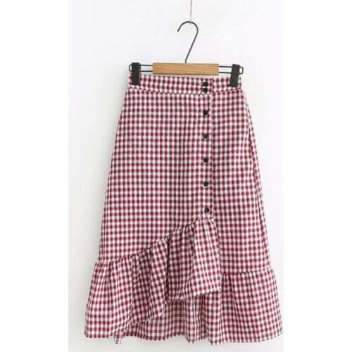 Black And White Ruffle Hem Irregular Plaid Print Skirt Womens Spring Elegant Casual High Waist Vintage Literary Long Skirt Women