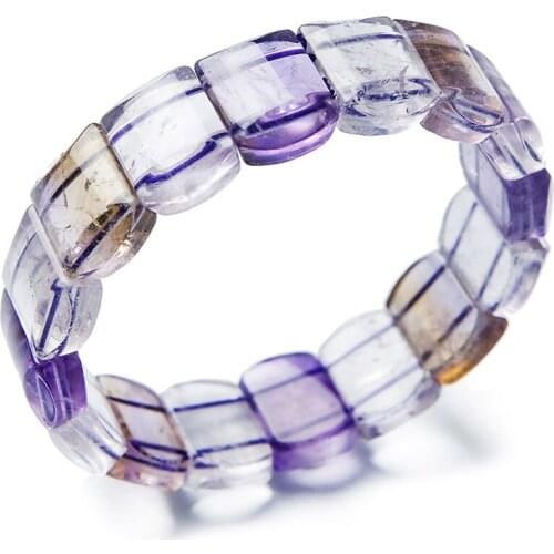 Precious Genuine Natural Quartz Crystal Oval Transparent Yellow Purple Bead Charm Stretch Bracelet Femme