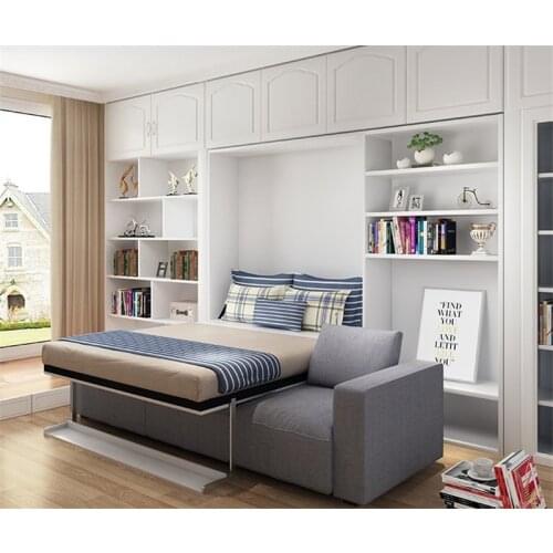Space-saving furniture, plywood Murphy bed, sofa bed and shelf