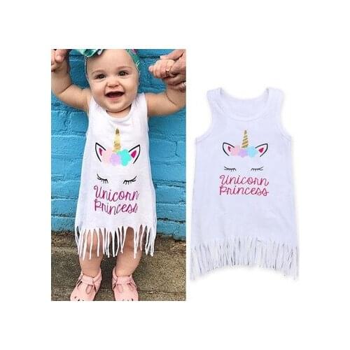 Summer sleeveless Casual Unicorn Cartoon Cotton Dress Toddlers Girls Tassel Party Birthday Princess Dresses