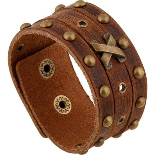 Fashion Gothic Punk Vintage Rivet Wide Leather Cuff Bracelet Brown Bronze X Beads Charm Bangle Wrap Wristbands Retro Men Jewelry