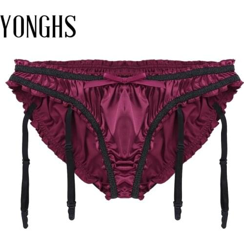 Mens Lingerie Sissy Triangle Briefs Panties with Plastic Garters Shiny Stretchy Satin Ruffled Lined Erotic Sexy Underwear
