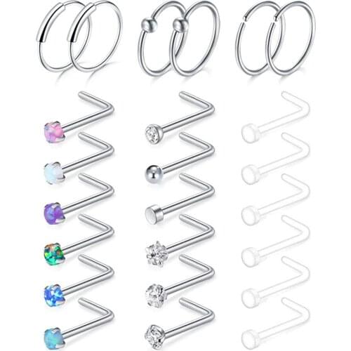 Nose hoop-24 pcs-20 pcs Nasal ring stud perforated nose screw L-shaped stud jewelry stainless steel synthetic opal