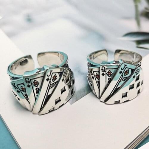 2021 Fashion New Playing Card Poker Pattern Men Ring Plated Silver Adjustable Opening Punk Finger Ring Jewelry Accessory Fine