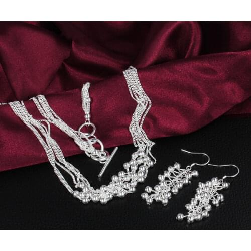 Charm 925 sterling Silver Fine Multi-line tassel beads necklace earrings for woman Fashion Party wedding good gifts Jewelry set