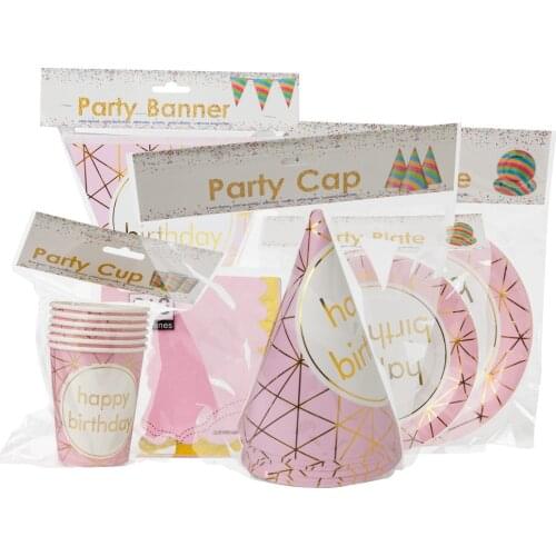 10 People Pink Disposable Tableware Birthday Banner Plates Napkin Happy Birthday Decor Kids Girl One 1st 18th 30th Birthday Dec