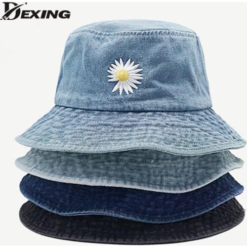 INS Korean Daisy Embroidery Bucket Hat Women Men Panama Summer Sun Hat Fashion Flower Bob Washed Denim Fisherman Hat