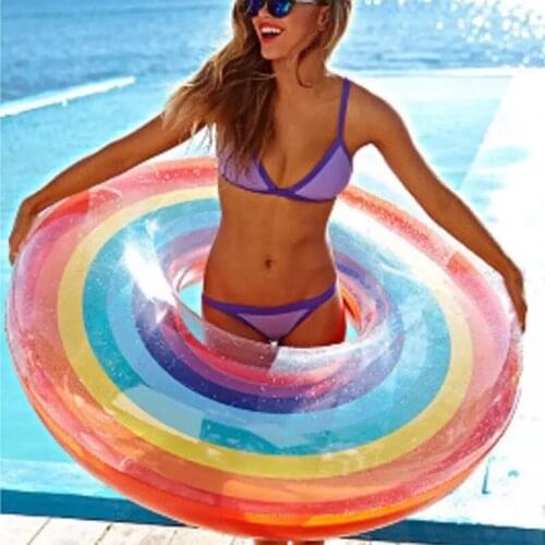 Rainbow Inflatable Circle with Handled Float Pool Swimming Ring for Adult Kids Women Floating Bed Pool Party Toys