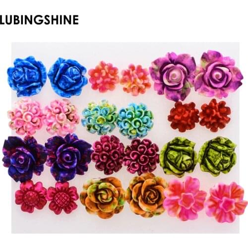 12pairs/set Colorful Resin Rose Flower Stud Earrings for Girls Children Anti Allergic Stud Ear Jewelry for Women Christmas Gift