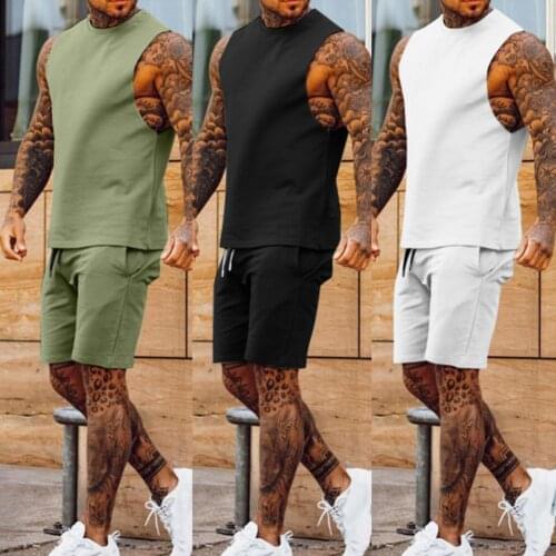 2 Pcs/Set Mens Tracksuit Gym Fitness mens sets Comfortable Sleeveless t shirt Top Fifth Shorts Men Sportswear Set ropa hombre
