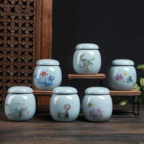 Traditional Chinese Style Multiple Patterns Crackle Ceramic Tea Box Caddy Sealed China Tea Storage Container