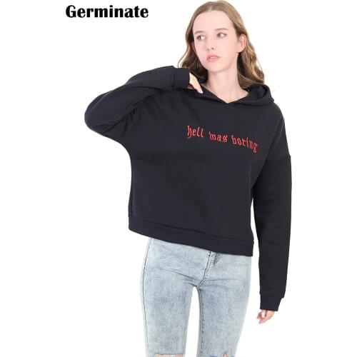 Cropped Hoodie Sweatshirts Women 2021 Autumn Winter Gothic Vintage Grunge Embroidery Fleece Black White Crop Hooded Pullovers