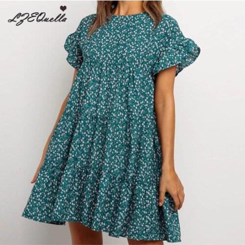 LZEQuella Vintage O Neck Print Pleated Short Mini Loose Chiffon Dress Sunmmer Beach Female Sundress Holiday Boho Vestidos NZ2245